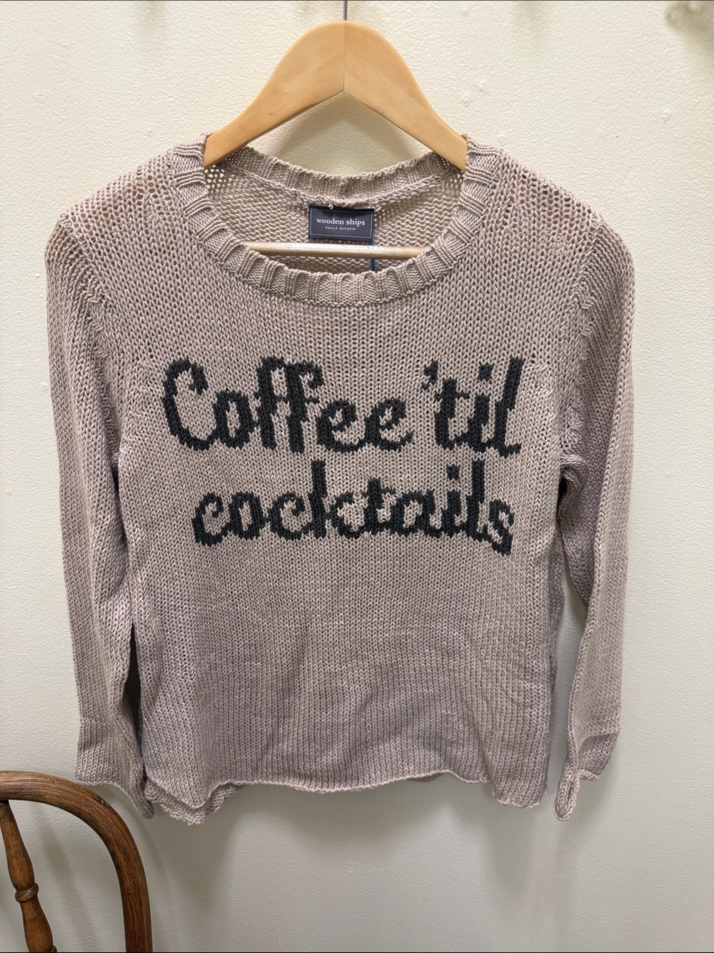 Wooden Ships 'Coffee 'til Cocktails' Knit Sweater in Taupe with Grey Text